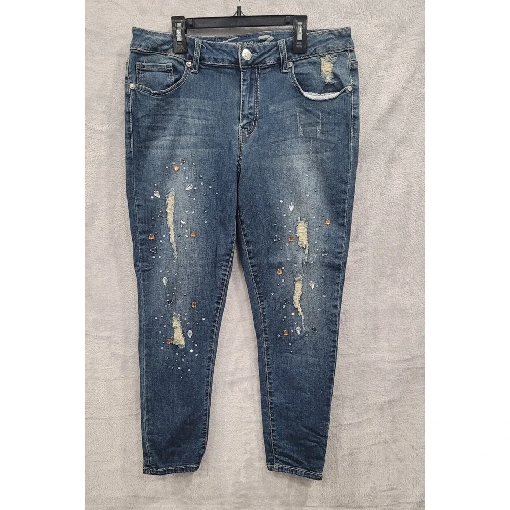 Seven7 Jeans Women's 12 Ankle Skinny Rhinestone‎ Distressed Medium Wash Stretch